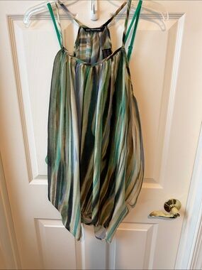 KAS New York layered spaghetti strap Green Striped Top large nwt